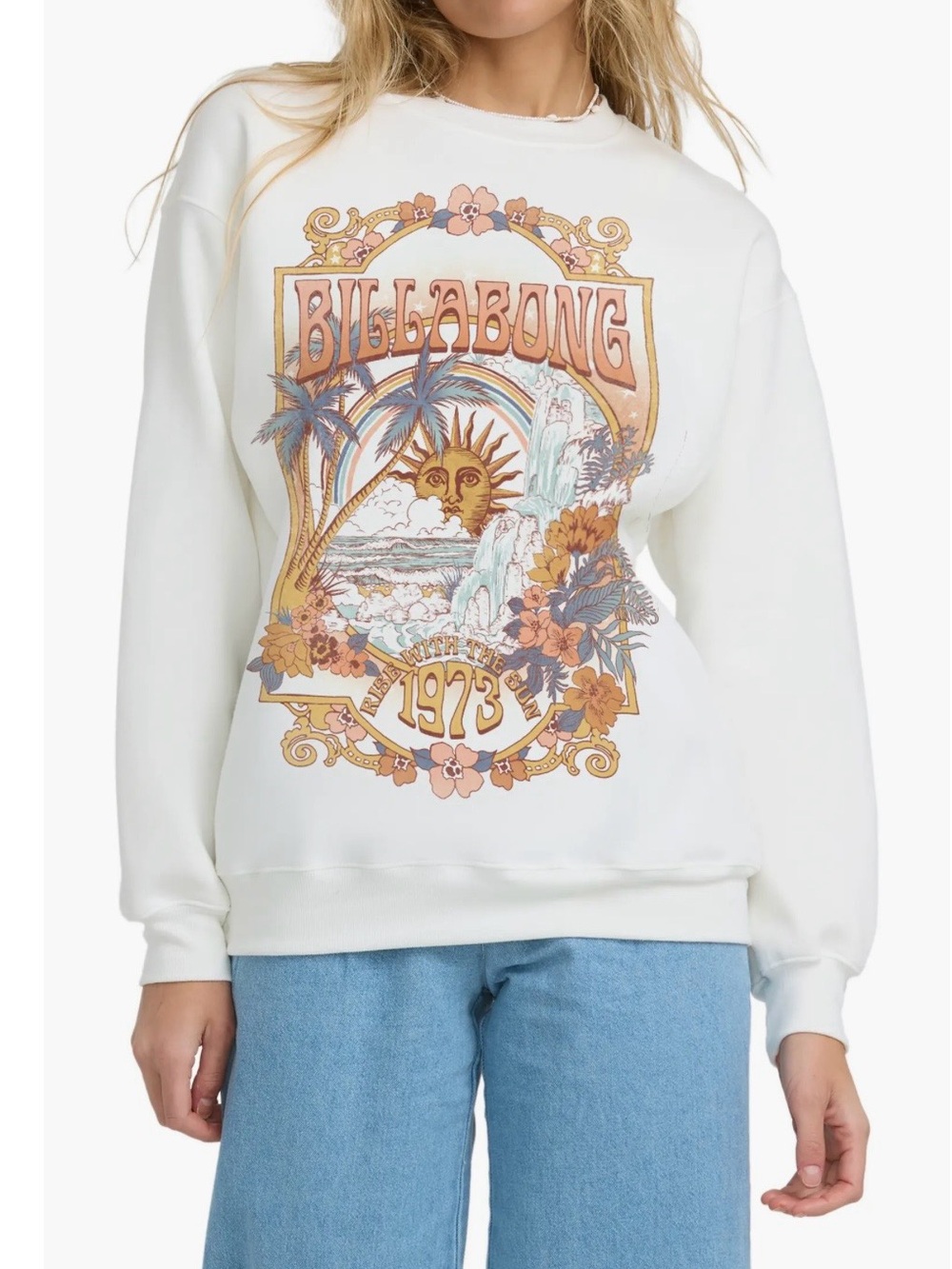 Billabong Women’s White Crewneck Oversized Sweatshirt with Pastel Sunset Graphic